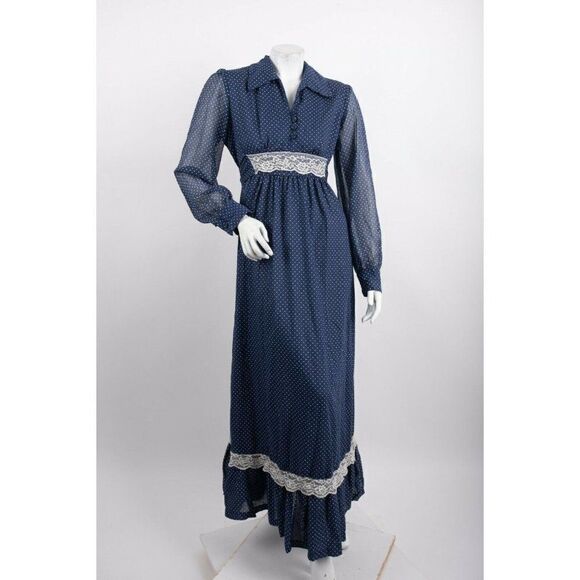 Vintage 50 60s Womans Maxi Prairie Dress Sz 14 Navy Blue Polka Dot CottageCore - Picture 1 of 6